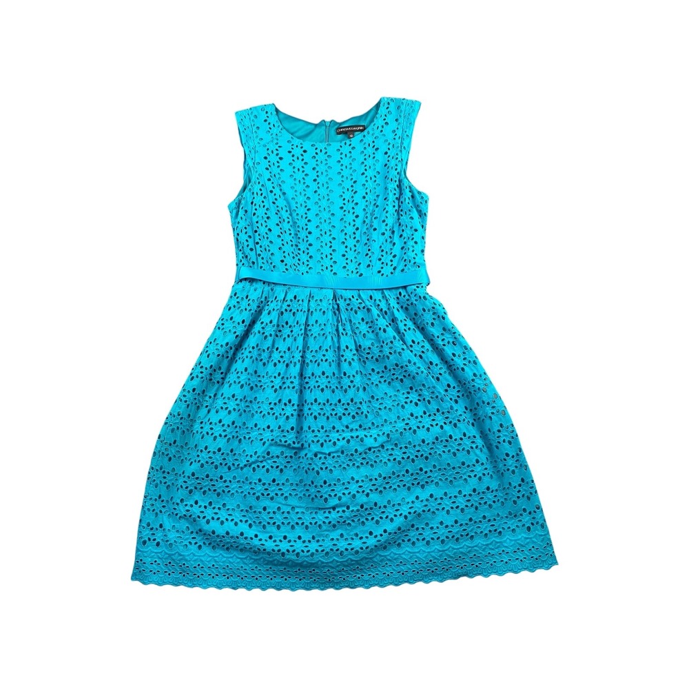 CHRIS McLAUGHLIN Teal Eyelet Fit‎ Flare Dress Belted Size 10